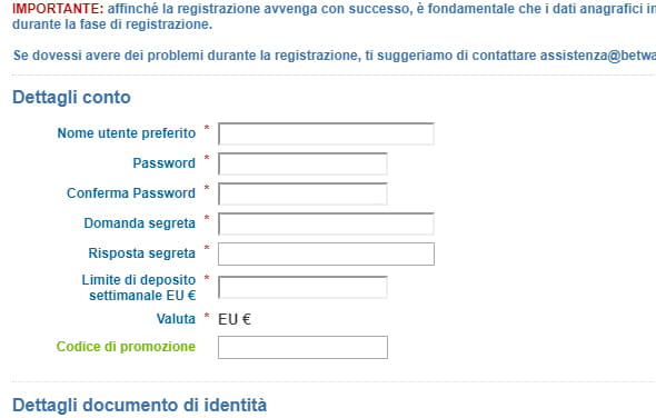 Il modulo di registrazione del casinò Betway.