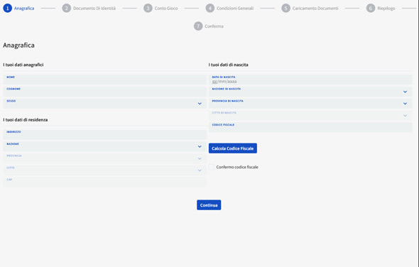 Il modulo di registrazione che consente di iscriversi sulla piattaforma di gioco CasinoMania.