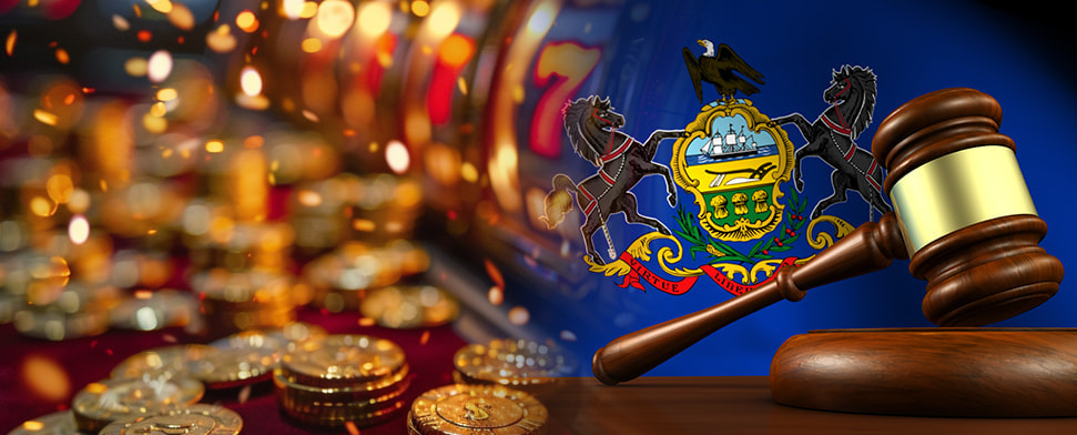 Stacks of coins and a judge's gavel with the PA flag and a slot game in the background