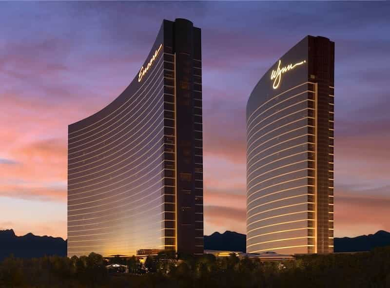 Exterior of Wynn Resorts in Las Vegas at dusk.