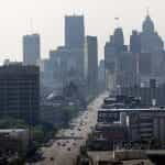 Detroit city skyscrapers skyline.