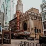 A theater marquee saying CHICAGO in downtown Chicago, Illinois, US.